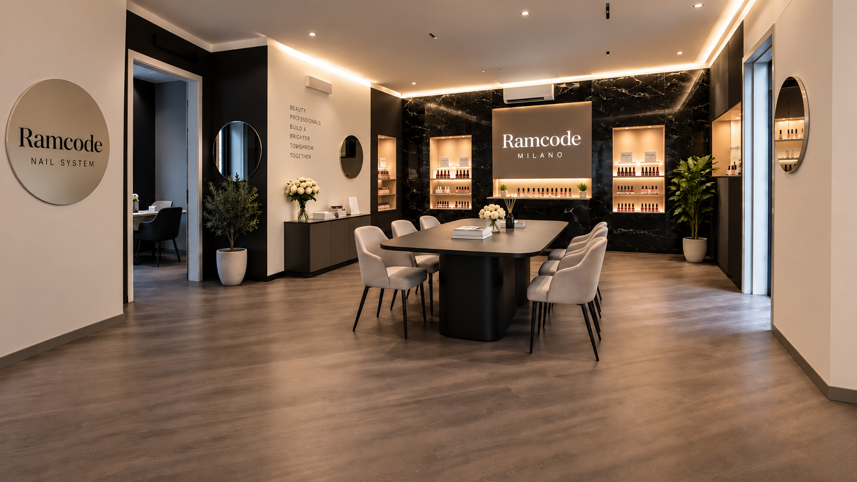 Ramcode Milano showroom and professional nail product displays